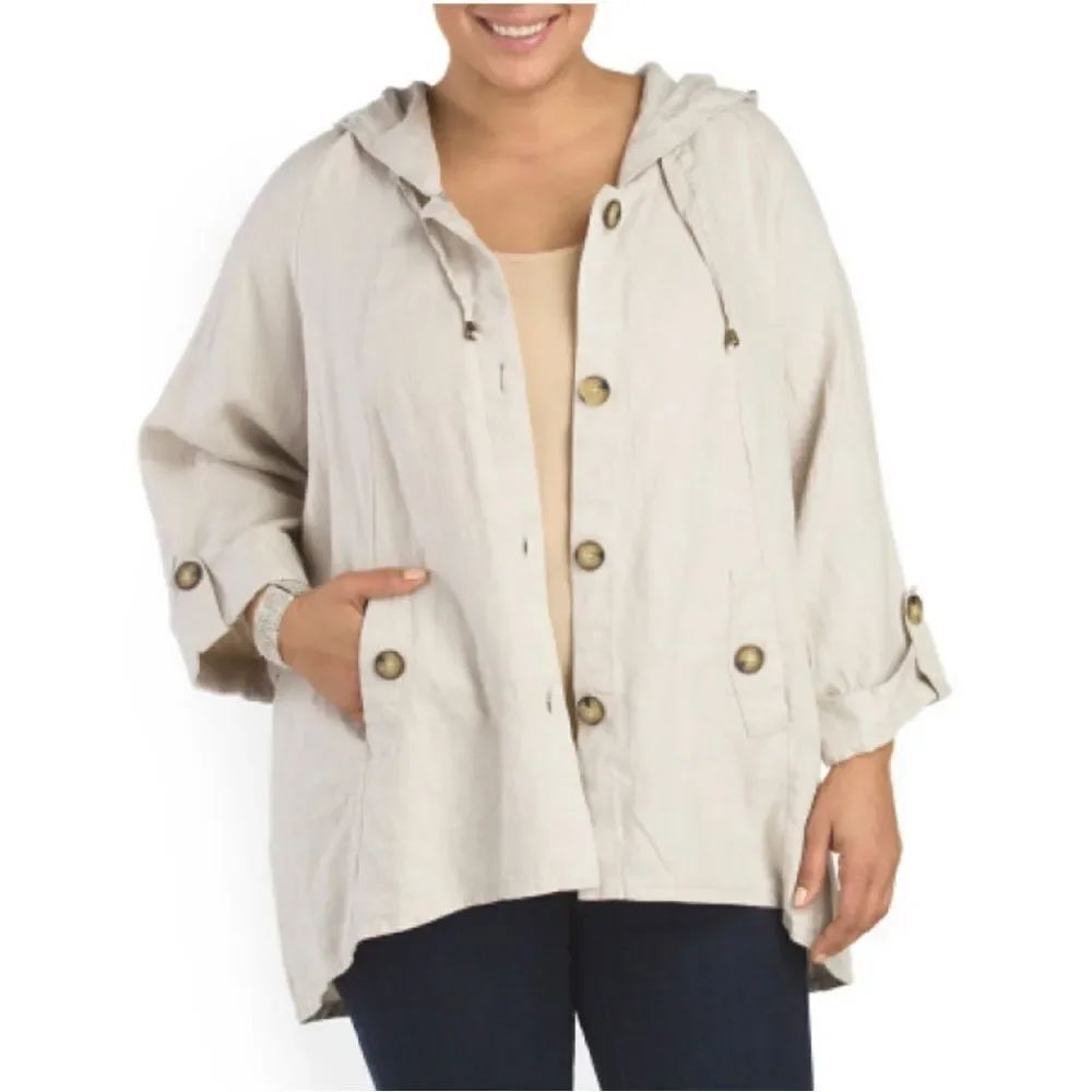 For Cynthia Linen Beige Hooded Button Front Duster Jacket Size 2X